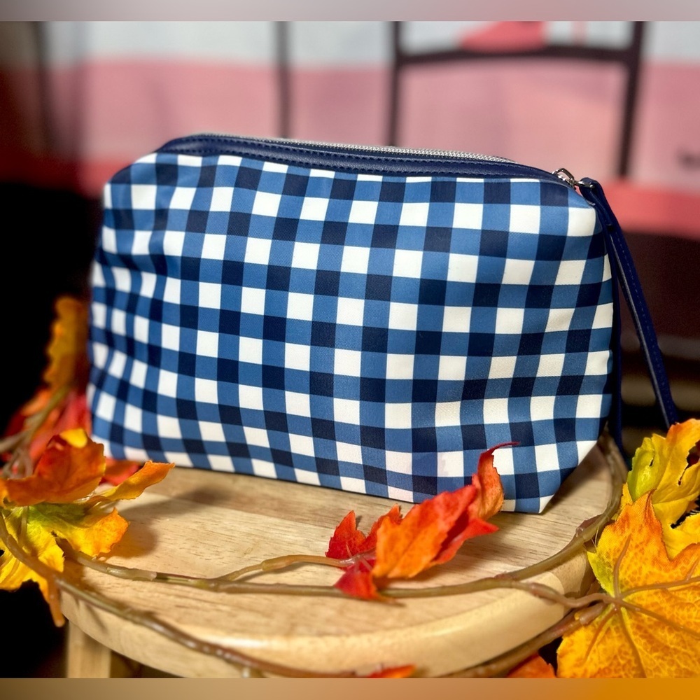 NWOT Woman Within Blue Gingham Checkered Cosmetic Bag Wristlet MINT CONDITION!​​